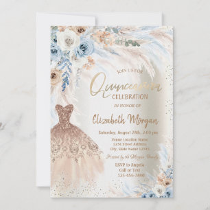 Invitation Roses Bleues Herbe de la Pampa Robe Quinceanera