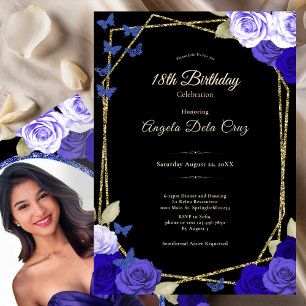 Invitation Roses Bleues Or Noir Élégantes pour les 18 Ans Déb