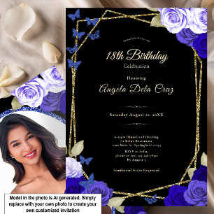 Invitation Roses Bleues Or Noir Élégantes pour les 18 Ans Déb