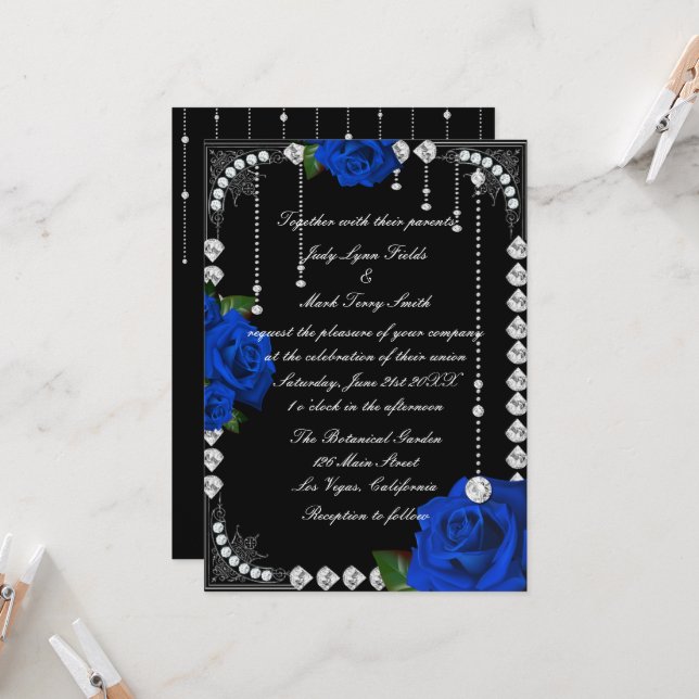 Invitation Roses bleues romantiques et diamants (Devant/Arrière en situation)