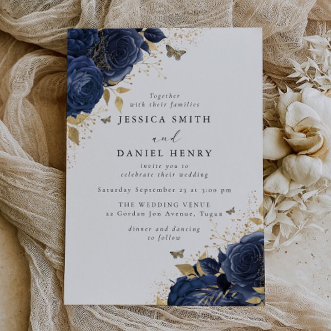 Invitation Roses bleus et Mariage d'or enchanté (Créateur téléchargé)