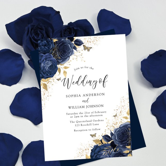 Invitation Roses bleus et papillons d'or de marine Mariage (Créateur téléchargé)