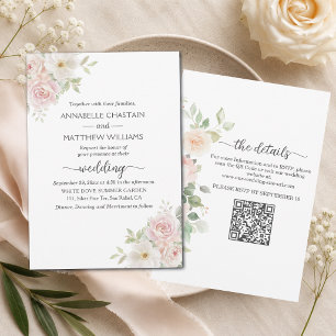 Invitation Roses Blush Soft Tout en Un Code QR Mariage