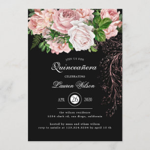 Invitation Roses Blush vintages sur Quinceanera Noir