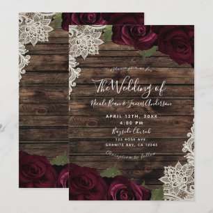 Invitation Roses bordeaux foncé Mariage rustique en dentelle 
