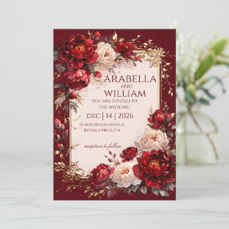 Invitation Roses bordeaux rouge foncé Cadre doré Mariage élég