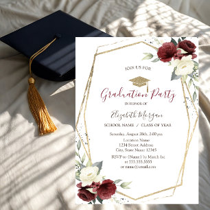 Invitation Roses Bourguignonnes Chic, Casquette de Diplômé, R