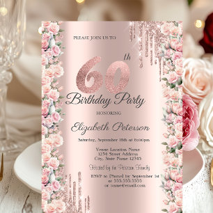 Invitation Roses Cadre Gouttes Rose Gold 60e Anniversaire