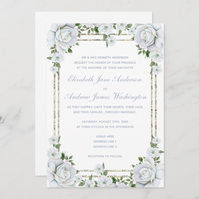 Invitation Roses chic et Mariage floral frontière argent (Devant / Derrière)