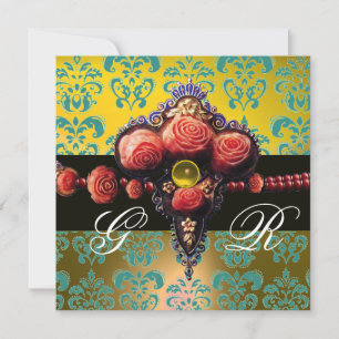 INVITATION ROSES CORAIL ROUGE, DAMAS MONOGRAMME BLEU AQUA JAU