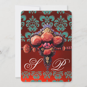 INVITATION ROSES CORAIL ROUGE, DAMAS MONOGRAMME BLEU TURQUOIS