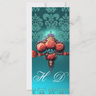 INVITATION ROSES CORAIL ROUGE, DAMAS NOIR BLEU AQUA MONOGRAMM