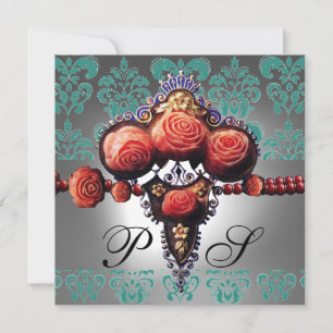 INVITATION ROSES CORAIL ROUGE, DAMAS NOIR VERT BLANC MONOGRAM