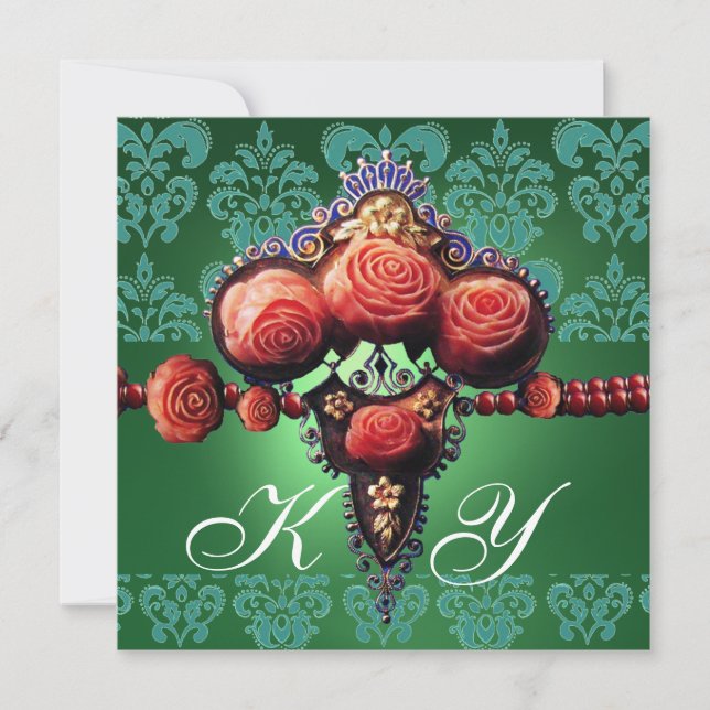 INVITATION ROSES CORAIL ROUGE, MONOGRAMME DAMAS BLEU VERT NOI (Devant)