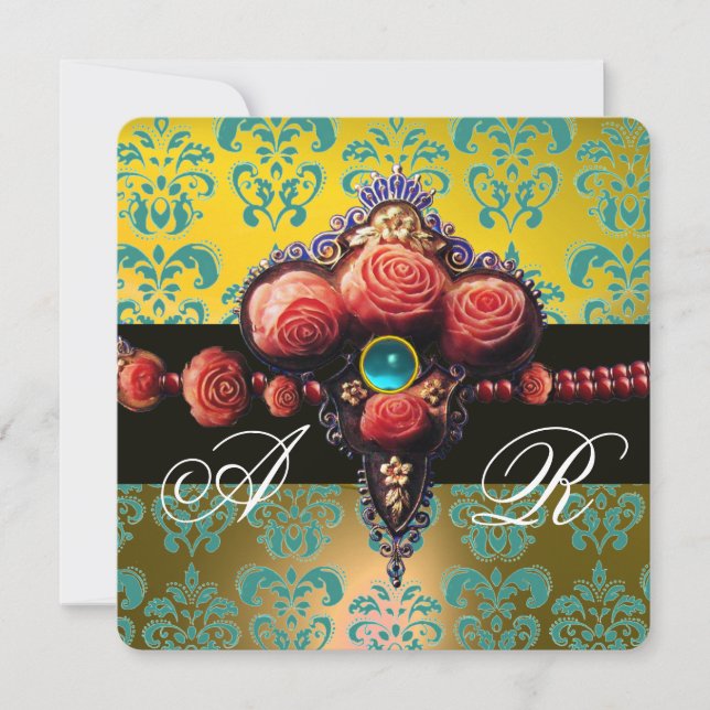 INVITATION ROSES CORAIL ROUGE, MONOGRAMME DAMASSÉ BLEU AQUA J (Devant)