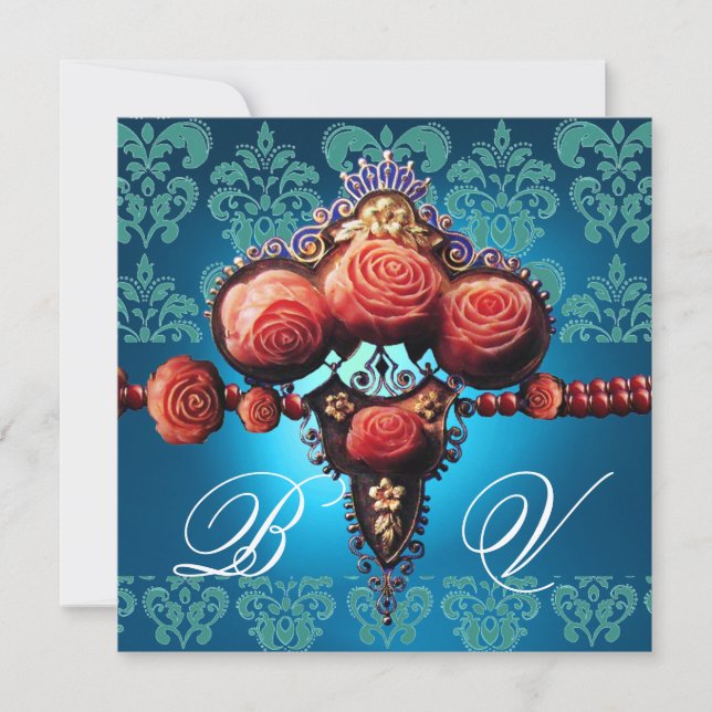 INVITATION ROSES CORAIL ROUGE, MONOGRAMME DAMASSÉ BLEU AQUA N (Devant)