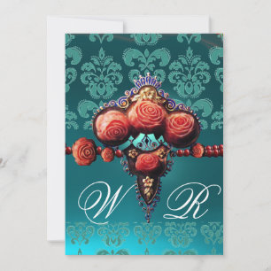 INVITATION ROSES CORAIL ROUGE, MONOGRAMME DAMASSÉ BLEU AQUA N