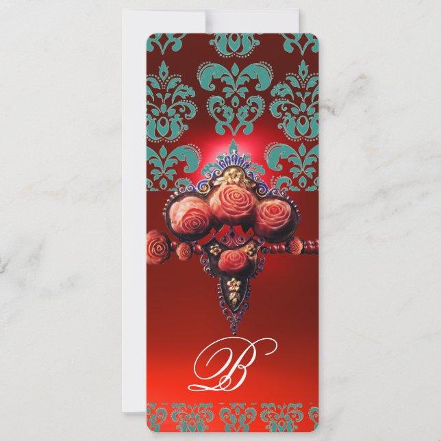 INVITATION ROSES CORAIL ROUGE, MONOGRAMME DAMASSÉ NOIR BLEU T (Devant)