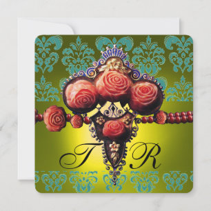 INVITATION ROSES CORAIL ROUGE, MONOGRAMME DAMASSÉ NOIR VERT J