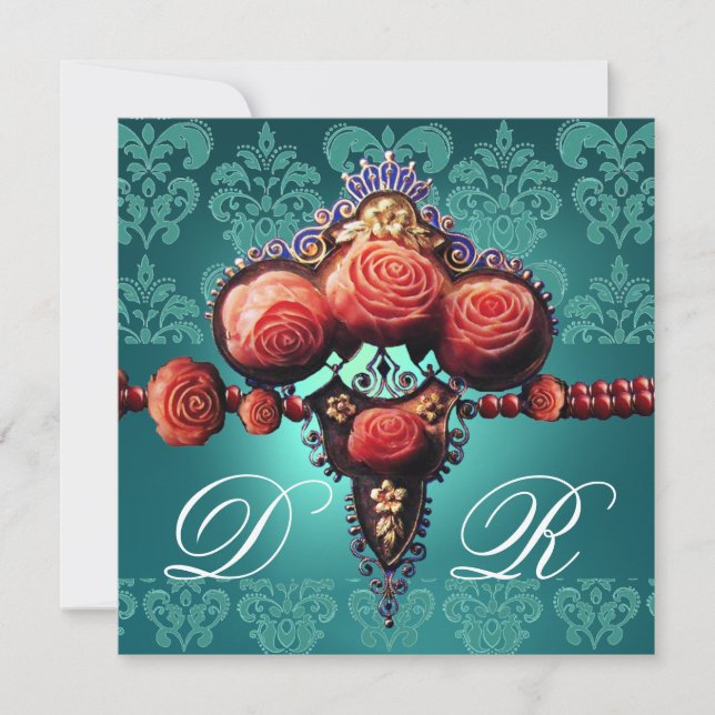 INVITATION ROSES CORAIL ROUGES, DAMAS MONOGRAMME BLEU AQUA NO (Devant)