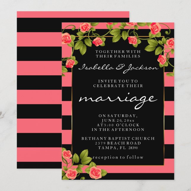 Invitation Roses coralliens sur corail et rayures noires (Devant / Derrière)