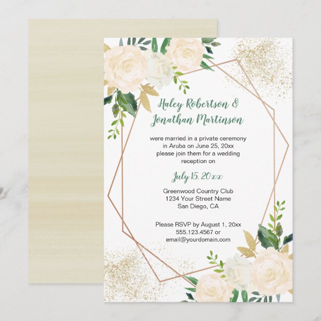 Invitation Roses Crème Blanc Or Géométrique Réception uniquem (Devant / Derrière)