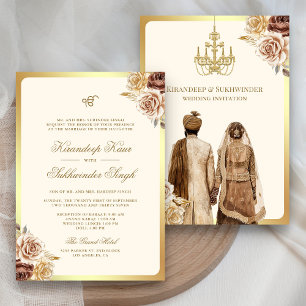 Invitation Roses Crème Marron Fleurs Anand Karaj Mariage Sikh