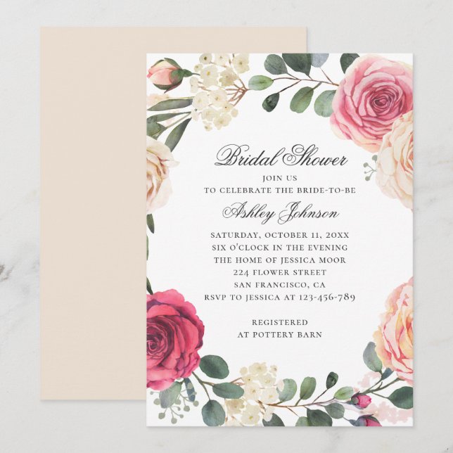 Invitation Roses d'aquarelle. Elégante douche à nuptiale flor (Devant / Derrière)