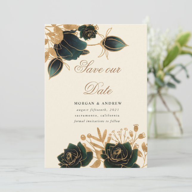Invitation Roses D'Aquarelle Or Enregistrer La Date Invitatio (Debout devant)