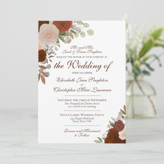 Invitation Roses d'aquarelle orange rouille Mariage officiel (Debout devant)