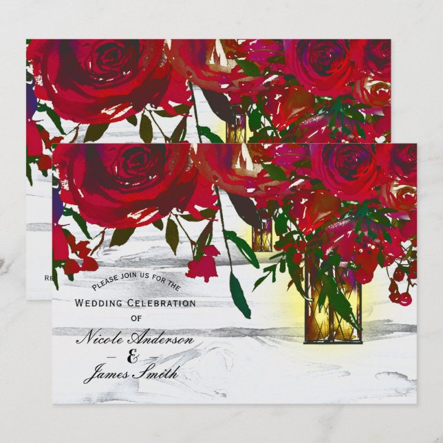 Invitation Roses d'aquarelle rouge romantique et Mariage de l (Devant / Derrière)