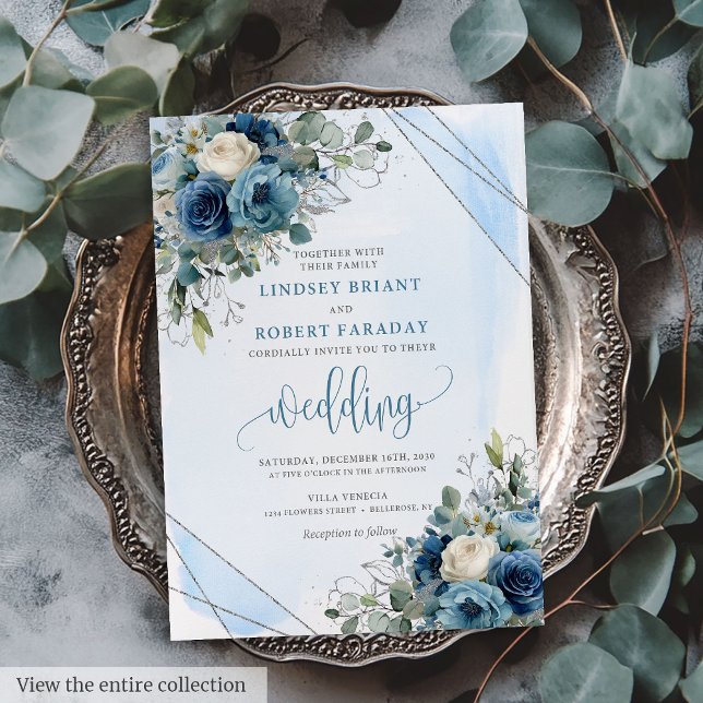 Invitation Roses d'argent bleu de la marine moderne Faire-par (Modern Navy Blue Silver Roses Wedding Invitation)