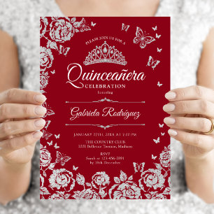 Invitation Roses d'argent rouges Papillons Quinceanera