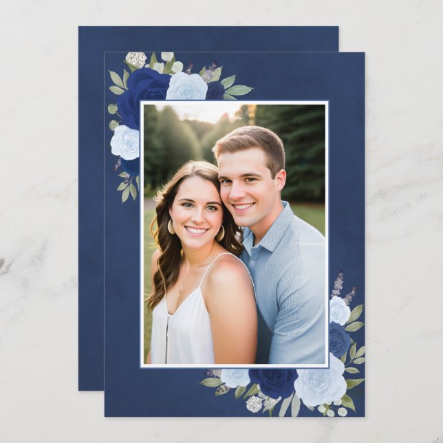 Invitation Roses de Boho bleu marbré Photo Mariage sous-sol (Devant / Derrière)