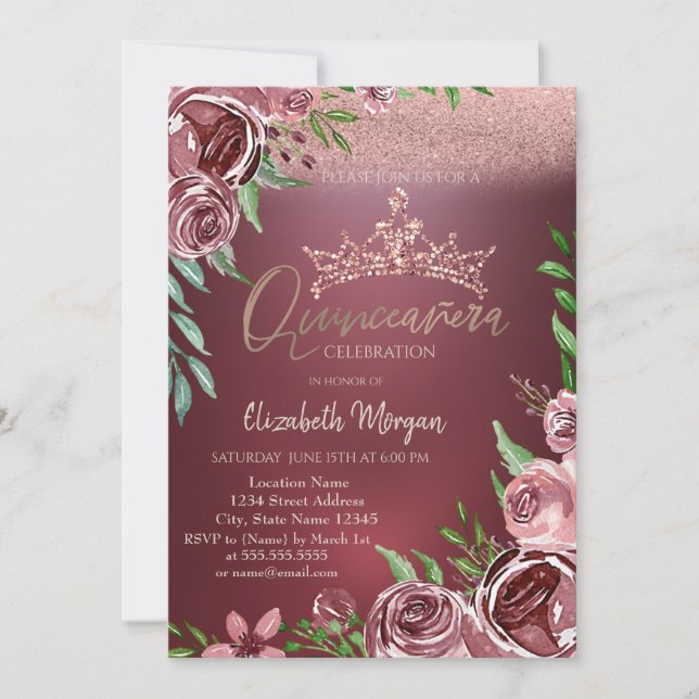 Invitation Roses de Bourgogne, Crown Bokeh Quinceañera (Devant)
