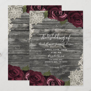 Invitation Roses de Bourgogne Grises Bois Crème Mariage Dente