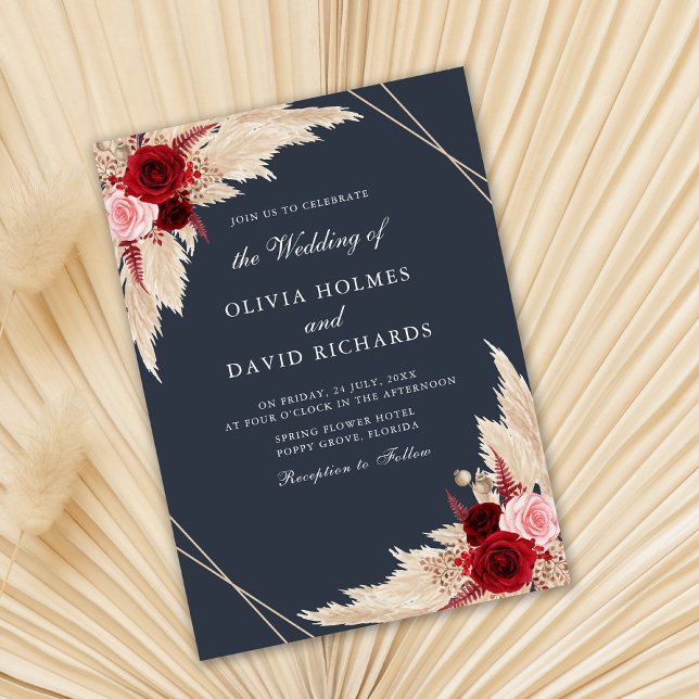 Invitation Roses de Bourgogne sur Mariage bleu minuit (Créateur téléchargé)