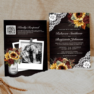 Invitation Roses de Bourgogne Tournesol Bois Dentelle Code QR