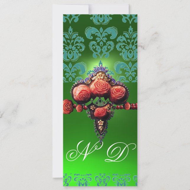 INVITATION ROSES DE CORAIL ROUGE, NOIR BLEU VERT MONOGRAMME (Devant)