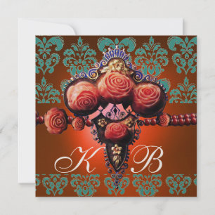 INVITATION ROSES DE CORAIL ROUGE, ORANGE BLEU OR DAMASK MONOG