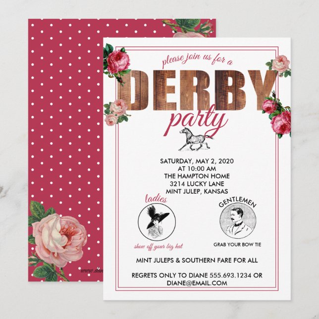 Invitation Roses de courses hippiques du Derby Party (Devant / Derrière)