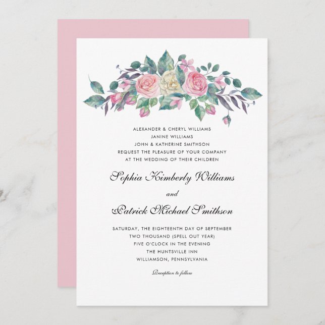 Invitation Roses de crème rose | 3 définit le mariage des par (Devant / Derrière)