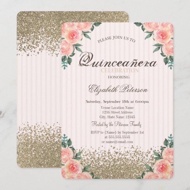 Invitation Roses de diamants d'or Faux modernes Stimulé Quinc (Devant / Derrière)