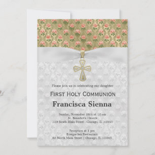 Invitation Roses de la Communion sur l'or antique