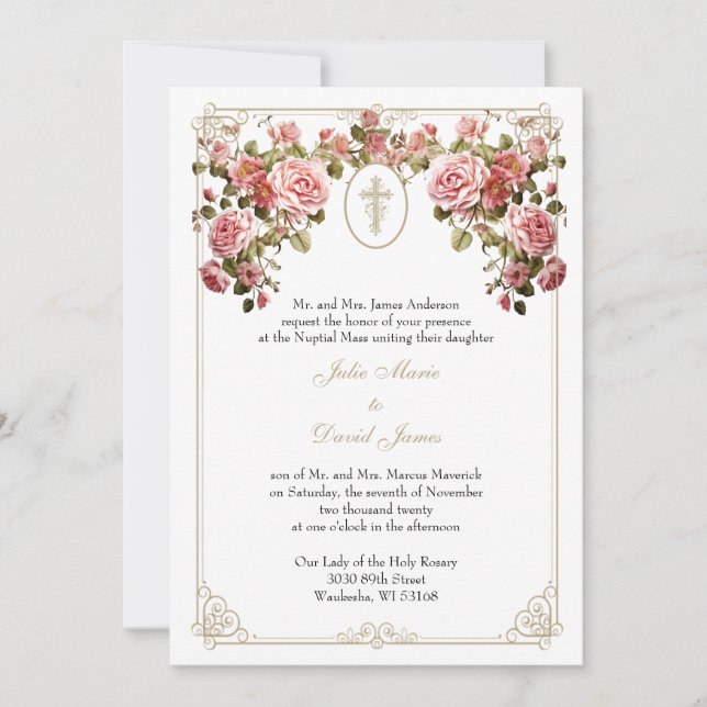 Invitation Roses de la Croix d'or catholique Mariage (Devant)