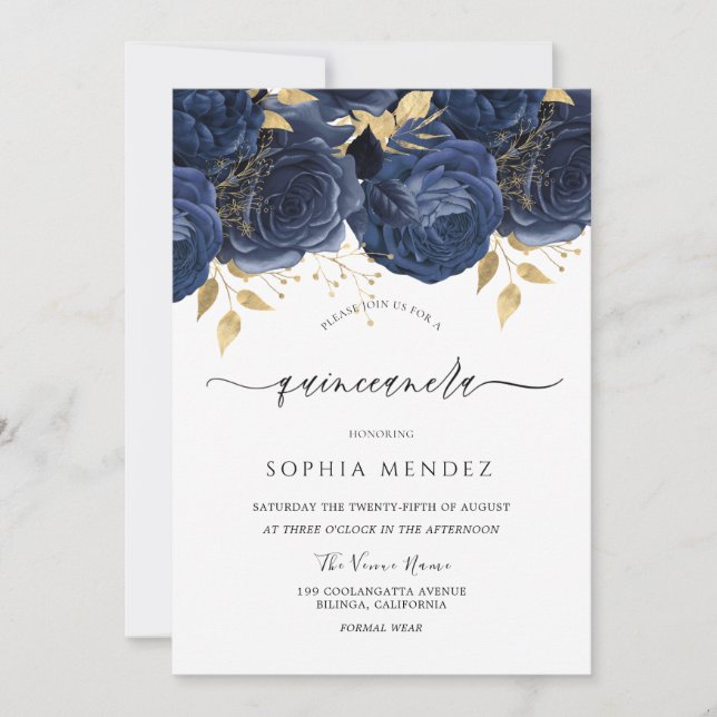 Invitation Roses de la marine romantique Elégante Quinceanera (Devant)