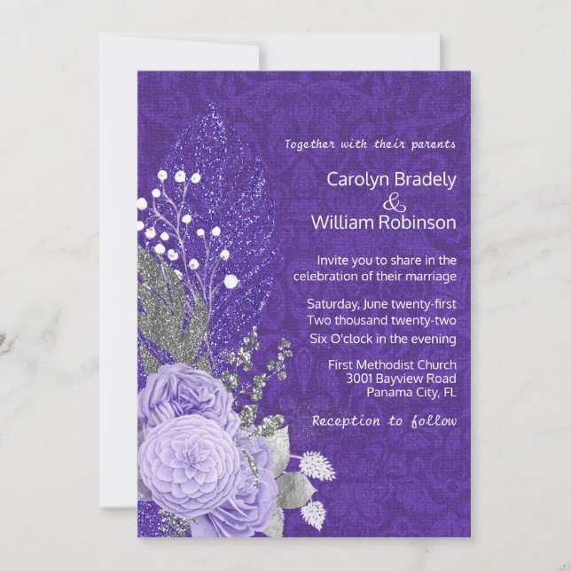Invitation Roses de lavande sur Purple Mariage damassé (Devant)