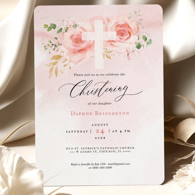 Invitation Roses de l'invitation Pink & Gold Christening (Créateur téléchargé)