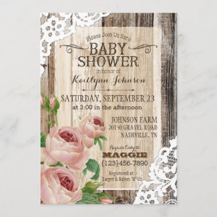Invitation Roses de pays et Baby shower de bois rustique