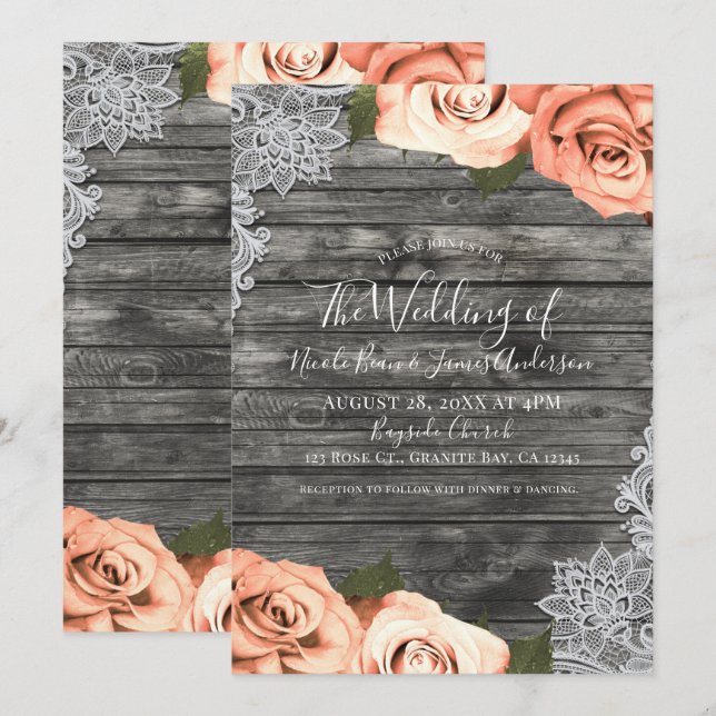 Invitation Roses de pêche légère Gris Russe Mariage de dentel (Devant / Derrière)